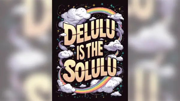 Слоган у окер боји Delulu is the solulu на тамној позадини са облацима.