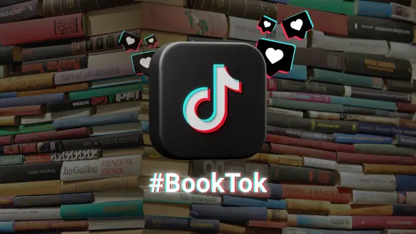 BookTalk ilustracija sa pozadinom na kojoj je polica sa knjigama.